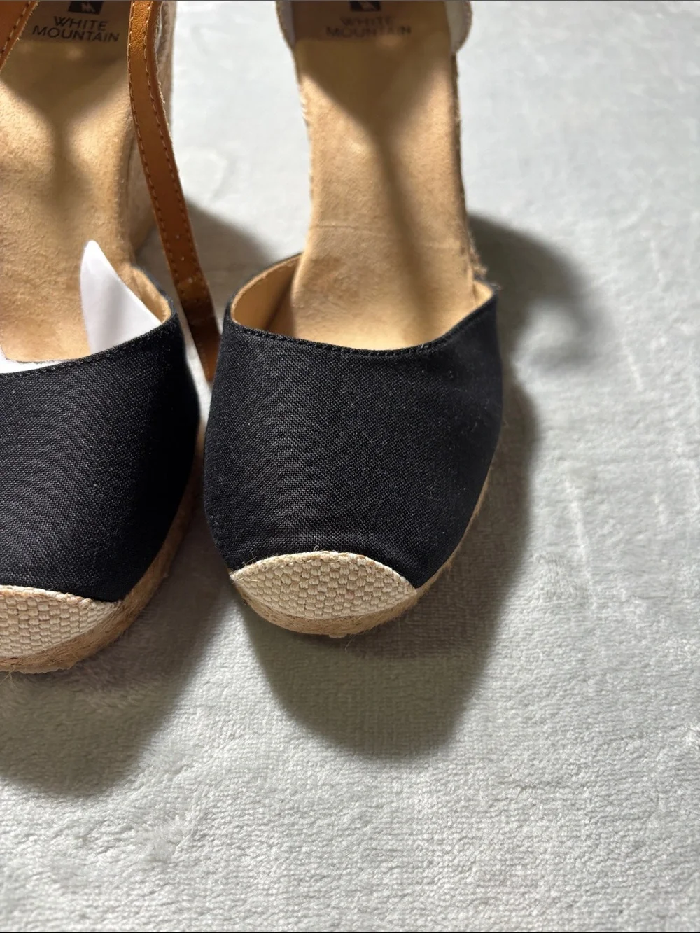 White Mountain Black and Tan Espadrille Wedge Sandals